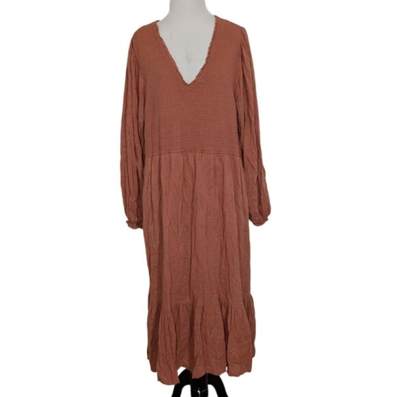 Old Navy Clip Dot Midi Dress Womens Size XXL Rust Long Sleeve V Neck Tiered - Picture 1 of 13